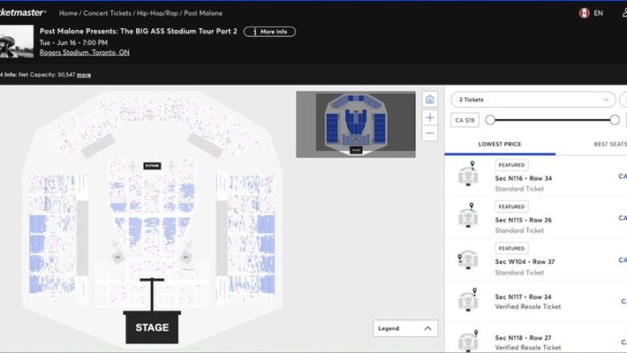 Post Malone 多倫多演唱會座位圖顯示大量未售藍點。