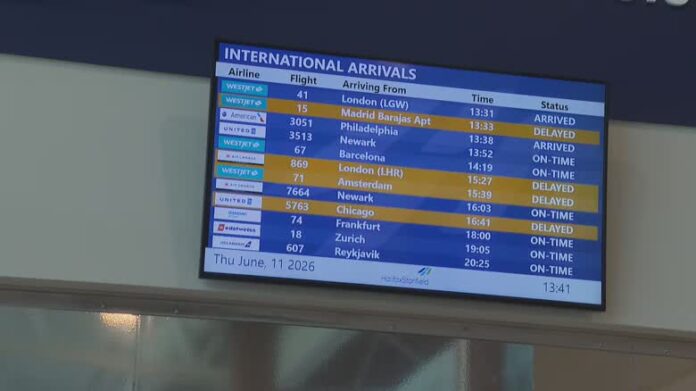 A screen hanging on a wall shows a list of international arrivals from destinations like Amsterdam, Barcelona and London.
