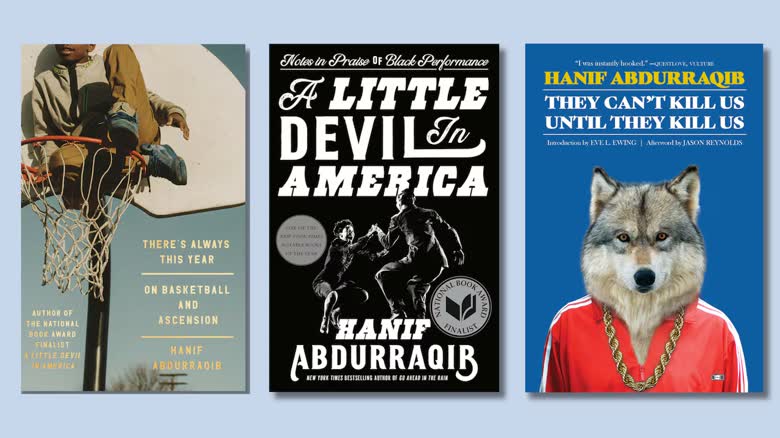 Three book covers against a blue background.