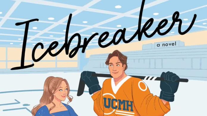 A book cover that's titled "Icebreaker: a novel" that also says "New York Times bestseller" and features a figure skater and a hockey player looking at each other.