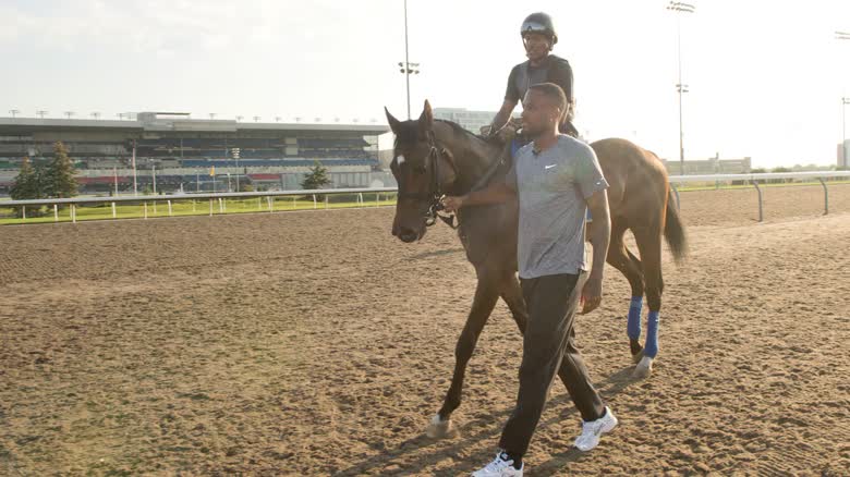 A man walks a horse.