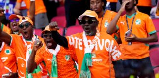 Ivory Coast fans support their national team during a World Cup soccer match.