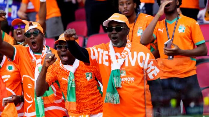 Ivory Coast fans support their national team during a World Cup soccer match.