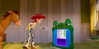 《Toy Story 5》中 Jessie 與 Bullseye 面對平板角色 Lilypad。