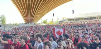 World Cup fans watch Canada's match with Bosnia-Herzegovina, in the PNE Amphitheatre at the FIFA Fan Festival in Vancouver, on Friday, June 12, 2026. THE CANADIAN PRESS/Brieanna Charlebois.