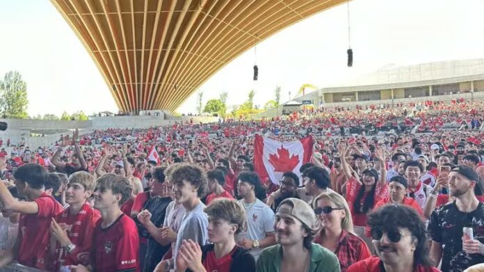 World Cup fans watch Canada's match with Bosnia-Herzegovina, in the PNE Amphitheatre at the FIFA Fan Festival in Vancouver, on Friday, June 12, 2026. THE CANADIAN PRESS/Brieanna Charlebois.