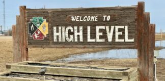 亞省北部 High Level 鎮入口標誌。