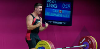 加拿大舉重選手Alex Bellemarre在Glasgow英聯邦運動會比賽。