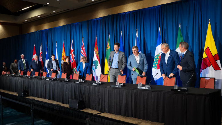 Premiers arrive for a press conference closing the Council of the Federation meetings in Charlottetown on Wednesday July 22, 2026.