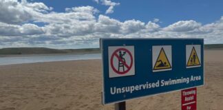 薩省 Danielson Provincial Park 附近的 Lake Diefenbaker 湖岸景色。
