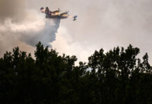 A yellow plane dumps water over a forest in a smoky sky.