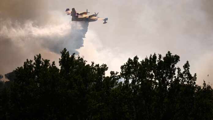 A yellow plane dumps water over a forest in a smoky sky.