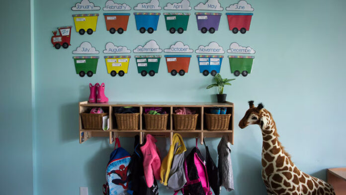 Children's backpacks and shoes are seen at a daycare franchise, in Langley, B.C., on May 29, 2018. The Association of Canadian Early Learning Programs says that several preschools in Alberta are on the verge of closing. THE CANADIAN PRESS/Darryl Dyck