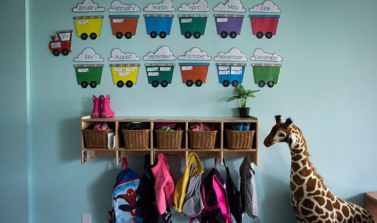 Children's backpacks and shoes are seen at a daycare franchise, in Langley, B.C., on May 29, 2018. The Association of Canadian Early Learning Programs says that several preschools in Alberta are on the verge of closing. THE CANADIAN PRESS/Darryl Dyck