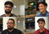A collage of four people all mic'd up and ready to share their views.