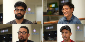 A collage of four people all mic'd up and ready to share their views.