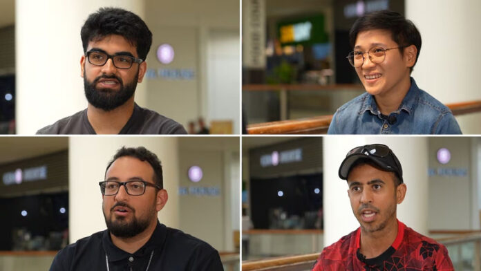 A collage of four people all mic'd up and ready to share their views.