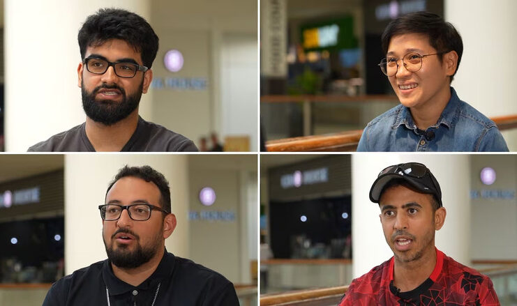 A collage of four people all mic'd up and ready to share their views.