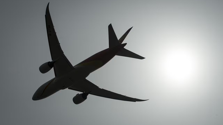 A plane flies through the skies.