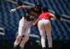 Claire Eccles is seen getting tagged out during a game being played at Nationals Park in Washington, D.C., as part of a tryout for players wanting to be part of the Women's Pro Baseball League.