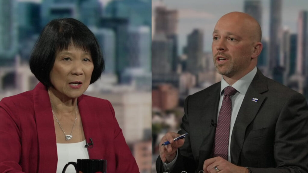 鄒至蕙（左）與Brad Bradford在CBC多倫多市長選舉辯論交鋒。資料圖片來源：CBC。