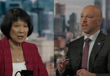 鄒至蕙（左）與Brad Bradford在CBC多倫多市長選舉辯論交鋒。資料圖片來源：CBC。