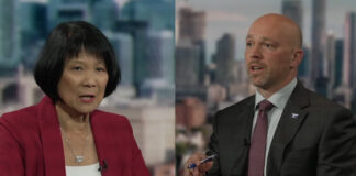 鄒至蕙（左）與Brad Bradford在CBC多倫多市長選舉辯論交鋒。資料圖片來源：CBC。