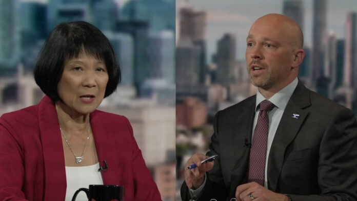 鄒至蕙（左）與Brad Bradford在CBC多倫多市長選舉辯論交鋒。資料圖片來源：CBC。