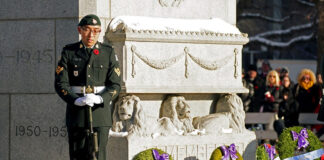 Morgan Xishen Wong stands guard at the cenotaph in front of Edmonton City Hall during a Remembrance Day ceremony on Nov. 11, 2022. Photo by Larry Wong / Postmedia