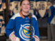 The Vancouver Goldeneyes' Jenn Gardiner is seen with the team's new jersey for the upcoming 2026-27 season on Wednesday. (Hunter Soo/CBC) 圖片來源：Hunter Soo/CBC